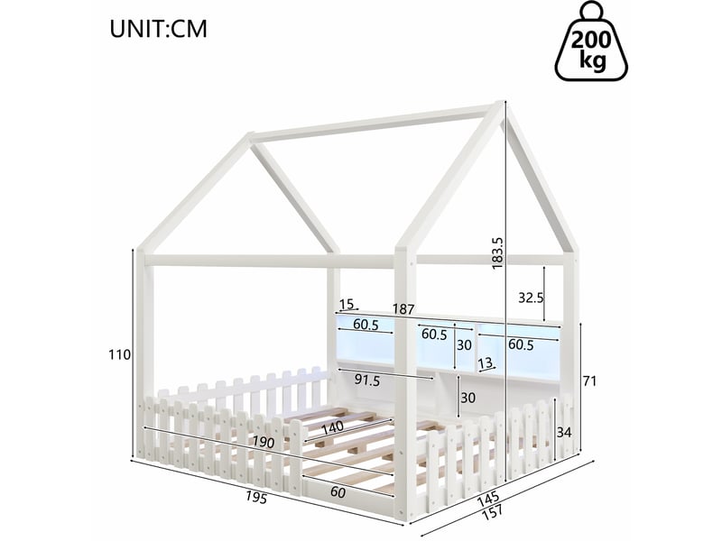  Lit cabane enfant en pin 140x190 cm avec garde-corps, rangements ouverts intégrés et éclairage led, structure mdf, style minimaliste, blanc  - Conforama E