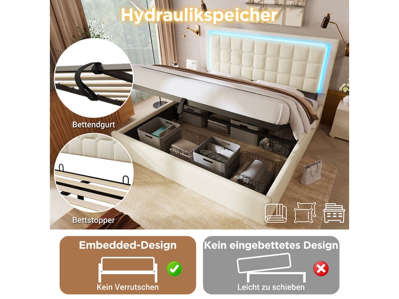  Rayofi lit coffre 160 x 200 cm capitonné, sommier à lattes avec rangement, éclairage led intégré, similicuir blanc, réf. 141575aaw. 141575AAW - Conforama C