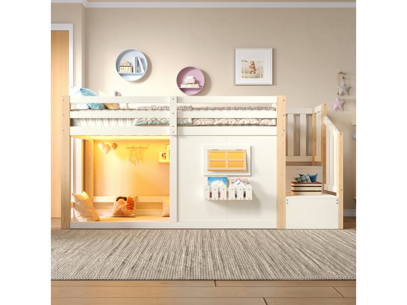 Lit mezzanine 90x200 cm, structure en pin massif, coloris naturel, rangements intégrés, éclairage led, escalier sécurisé, garde-corps, cadre stable - Conforama E