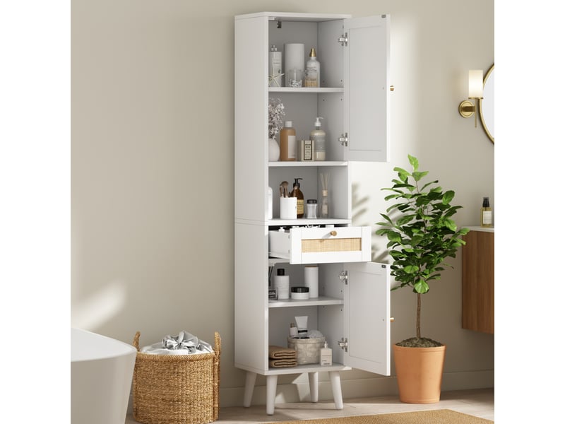  Meuble de salle de bain - 40x30x166cm - meuble haut en cannage rotin avec 2 portes réversibles, tiroir &amp; niches - blanc  - Conforama C