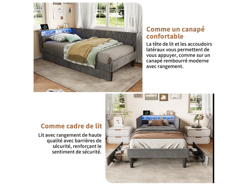  Kefsr cadre de lit simple rembourré 90x200 cm avec 2 tiroirs, canapé-lit banquette en velours gris, tête de lit avec rangement, éclairage led rgb et ports usbtype-c  - Conforama W