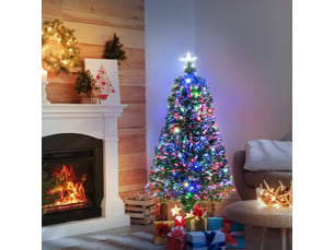 Sapin de noël artificiel lumineux 120h cm fibre optique led multicolore + support pied 130 branches étoile sommet brillante vert