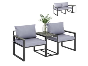 Salon de jardin 3 pièces coussins 14cm et accoudoirs en composite bois-plastique 2 fauteuils et table d'appoint gris