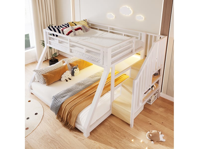  Lit superposé enfant 90x200 cm et 140x200 cm avec led et rangements blanc  - Conforama D