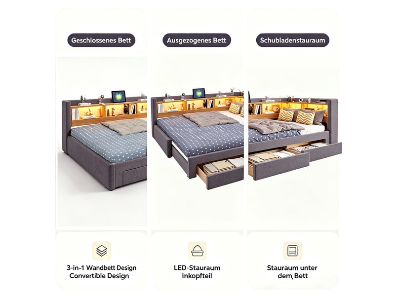  Lit banquette 90x200 cm gris en velours, tiroirs, led et prise, extensible en 180x200 cm, sans matelas  - Conforama E