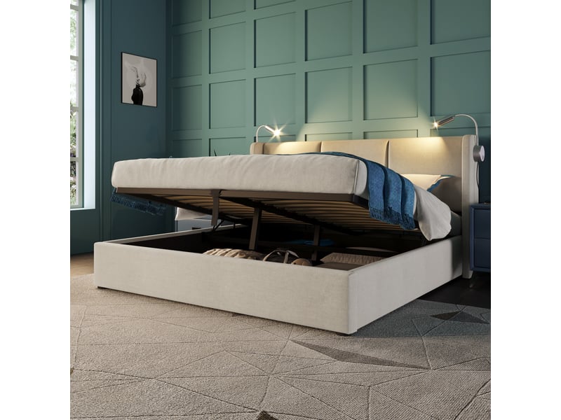  Lit double rembourré 160x200 cm avec coffre de rangement, tête de lit avec liseuse et usb, sommier à lattes, revêtement en lin, sans matelas IKSETERA TRADING LTD - Conforama E
