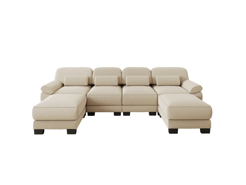  Canapé modulable en u 4 places 336x161x94 cm, 2 poufs, assise profonde, soutien ergonomique, velours côtelé beige  - Conforama A