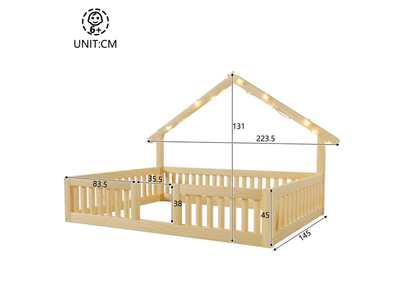 Lit enfant 140 × 200 cm cabane au sol avec barrière de sécurité et guirlande led en bois naturel pour chambre enfant - Conforama C