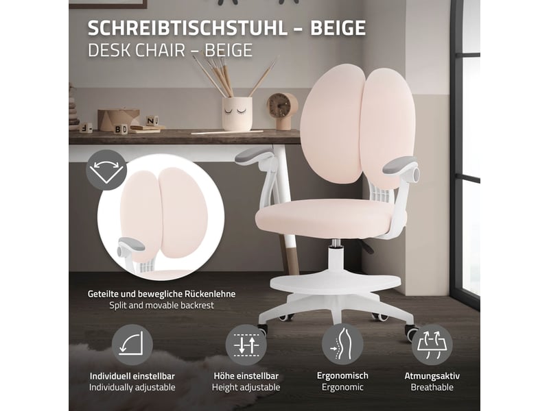  Ml-design chaise de bureau pour enfant 95-107 cm beige avec dossier divisé et repose-pieds siége d'étude ergonomique pivotant 360° hauteur réglable accoudoirs rabattables tissu respirant confortable  - Conforama C