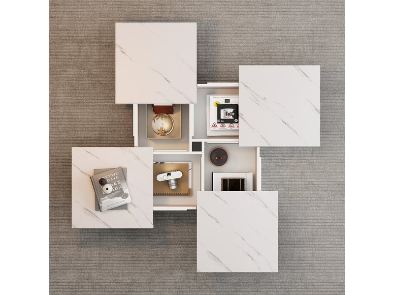  Table basse carrée blanche effet marbre 90x90 cm avec 4 tiroirs et plateau coulissant  - Conforama C