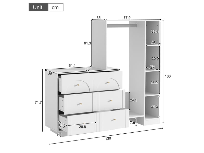  Armoire de rangement ouverte avec penderie, 6 tiroirs et étagères latérales pour chambre, blanche, 139 × 35 × 133 cm  - Conforama D
