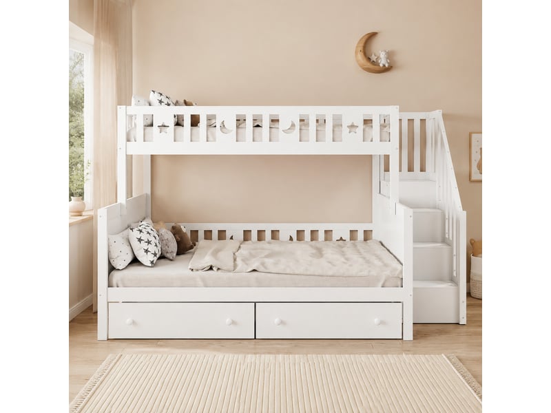  Lit superposé enfant 90x200 et 140x200 cm, escalier de rangement, blanc  - Conforama B