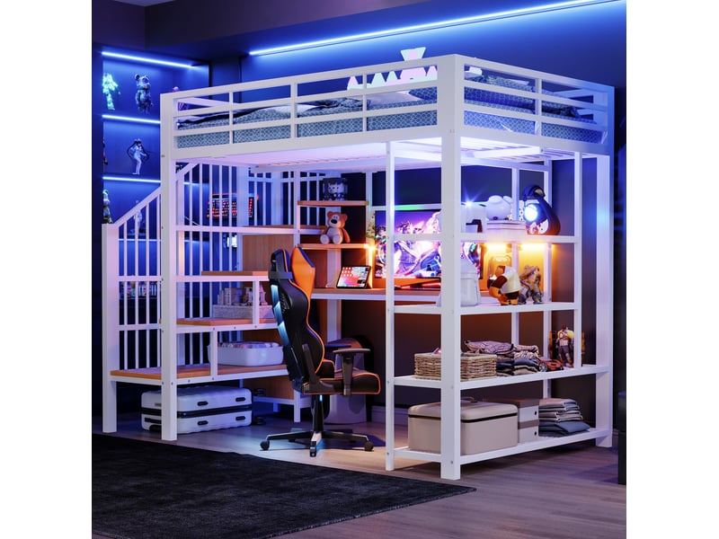  Lit mezzanine 140x200 cm avec bureau, escalier de rangement, led et prise, blanc  - Conforama B