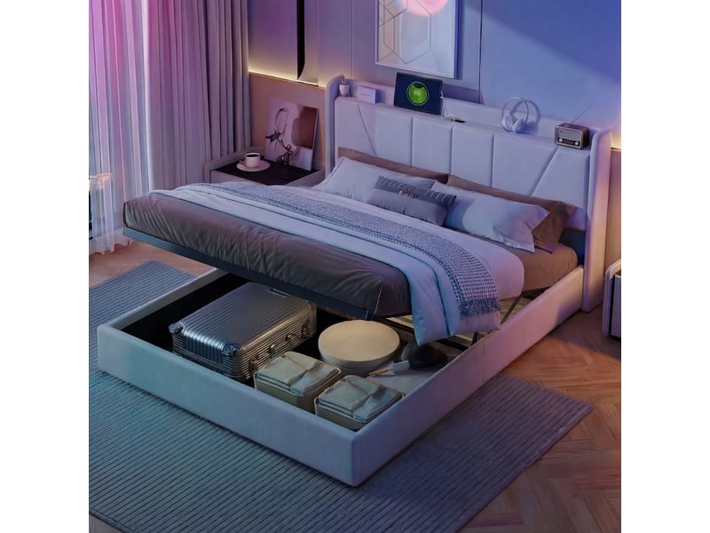  Lit coffre 160x200 avec rangement lit double rembourré avec usb et type c cadre de lit avec sommier à lattes 2 places pour adulte &amp; ados beige lin  - Conforama R