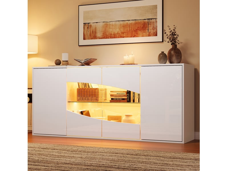  Buffet de rangement 160x35x70 cm à 4 portes avec éclairage led rgb, mdf, coloris blanc haute brillance, design moderne  - Conforama E