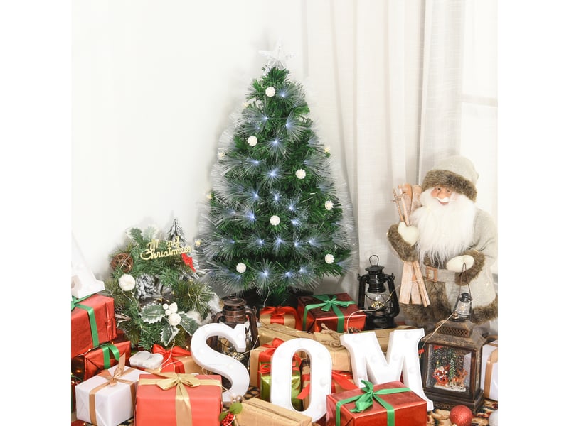  Sapin de noël artificiel lumineux 90h cm fibre optique led + 14 ampoules + support pied 90 branches étoile sommet brillante vert  - Conforama B