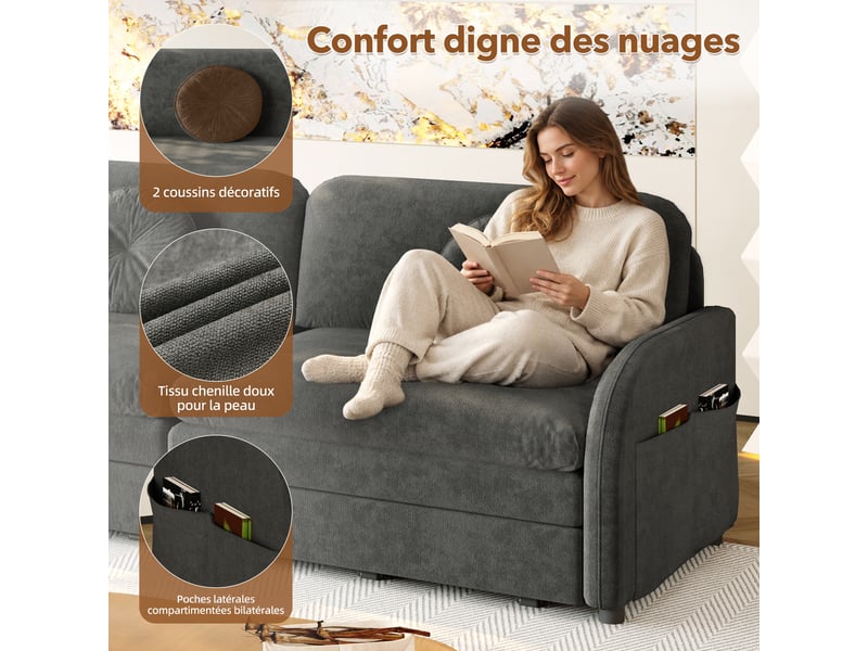  Canapé convertible 3 places gris en chenille avec couchage 190 x 200 cm Fay Lum - Conforama D