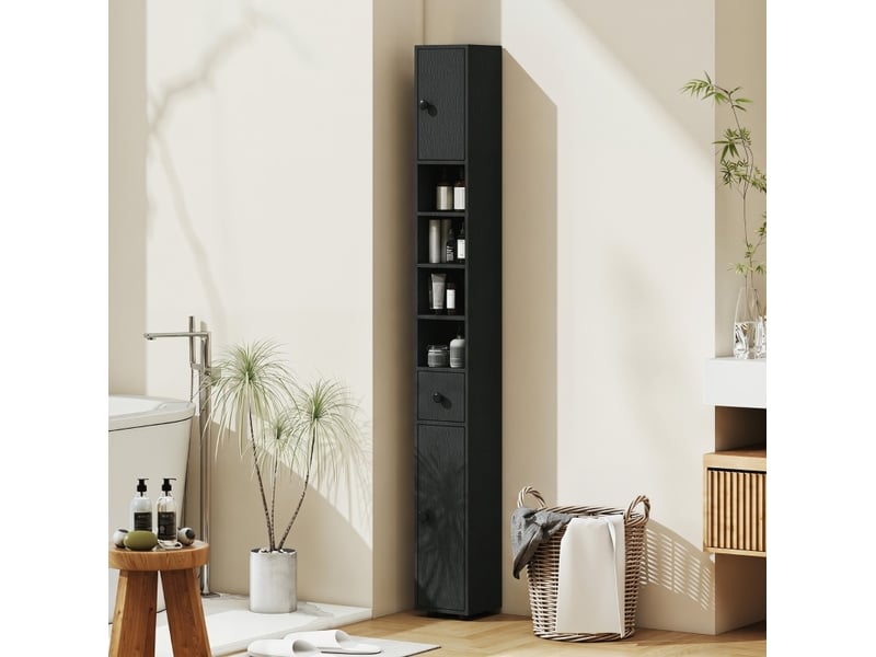  Meuble de salle de bains 180x20x20 cm avec 2 placards et 4 niches ouvertes en panneau de particules noir  - Conforama C
