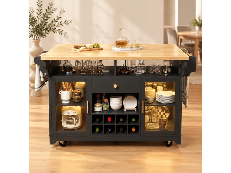  Desserte de cuisine noire à led rgb, plateau double rabattable, rangement, casier à vin et roulettes  - Conforama B