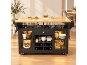 Desserte de cuisine noire à led rgb, plateau double rabattable, rangement, casier à vin et roulettes