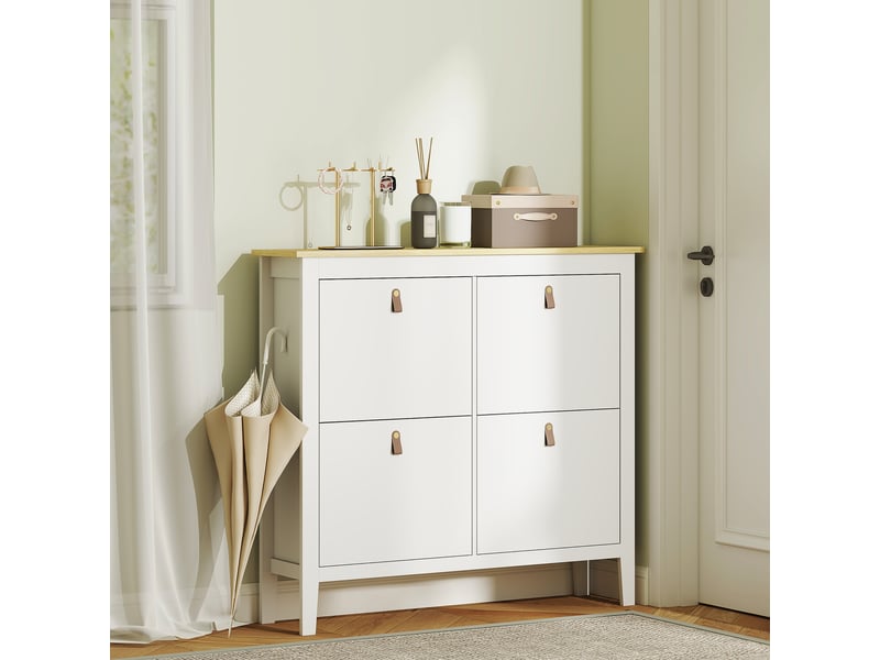 Étagère à chaussures étroite à 4 compartiments avec poignées en similicuir pour entrée et couloir, 105 x 24 x 95,5 cm, blanc et bois - Conforama C