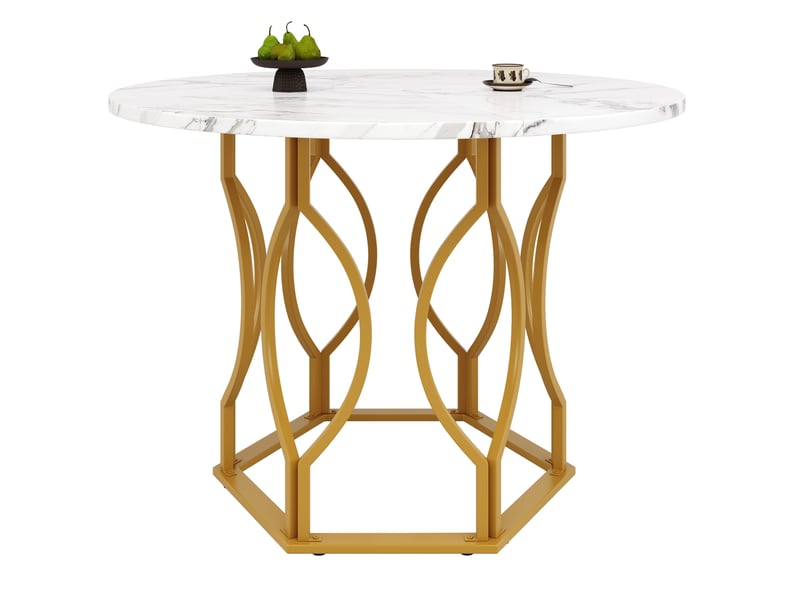  Ensemble table ronde et 4 chaises en velours vert foncé, plateau mdf blanc marbré, pieds métal dorés pour 4 personnes  - Conforama A