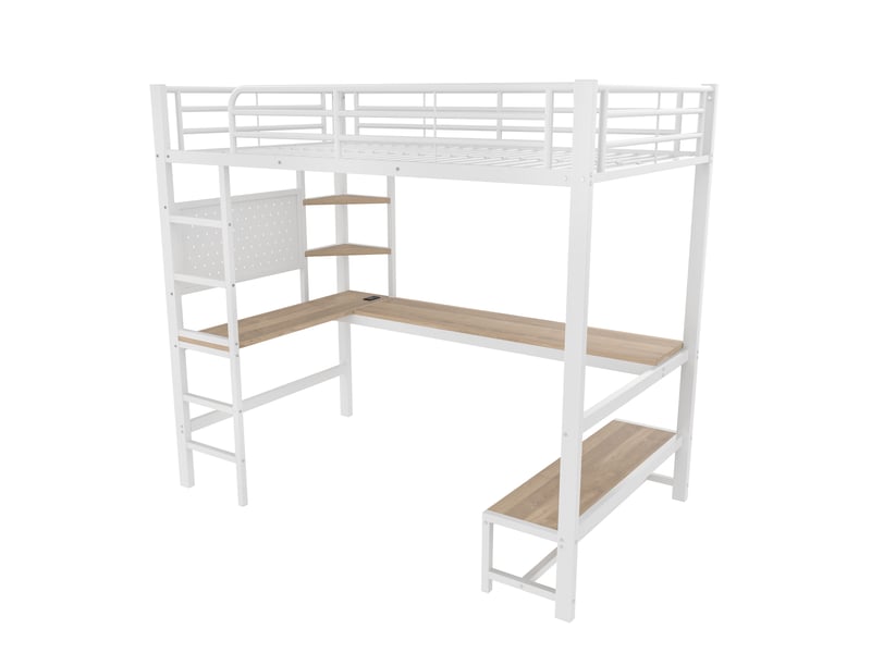 Lit mezzanine avec bureau, led, usb type-c et rangements, métal blanc, 90x200 cm, sans matelas - Conforama E