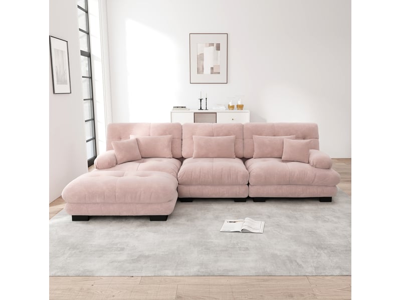  Canapé-lit d’angle modulaire 3 places avec ottoman mobile en chenille rose  - Conforama C