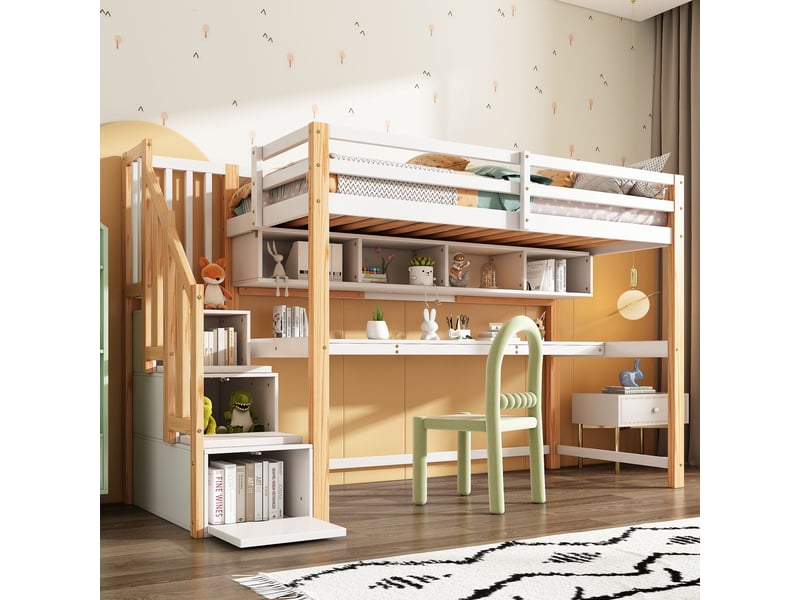  Lit mezzanine 90*200,il y a des bureaux et des étagères, lit mezzanine enfant ,des mesures de sécurité pour l'escalade  - Conforama B