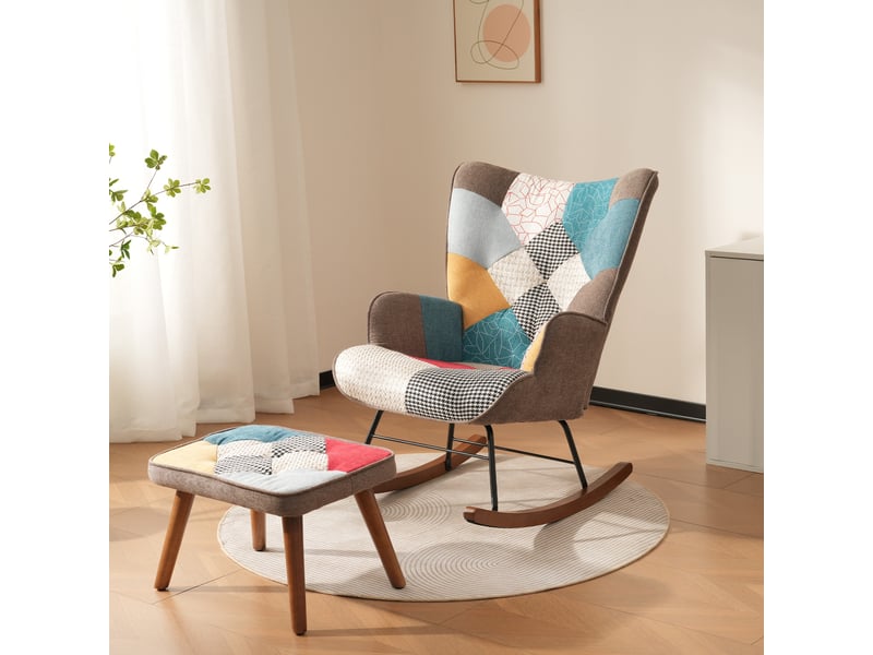  Fauteuil à bascule avec repose-pieds patchwork coloré pieds bois  - Conforama R