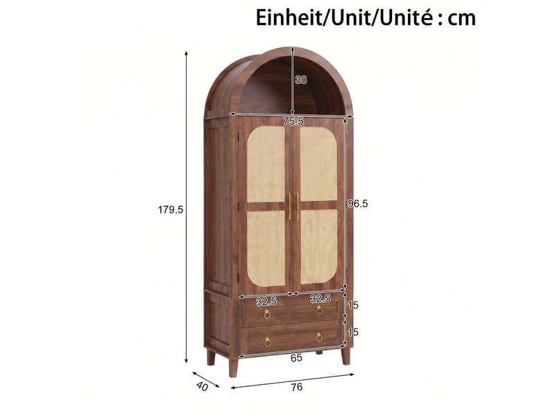  Buffet haut moderne à arche, éclairage led variable via application, double porte décor rotin et organisateur, deux tiroirs, poignées vintage en fer  - Conforama C