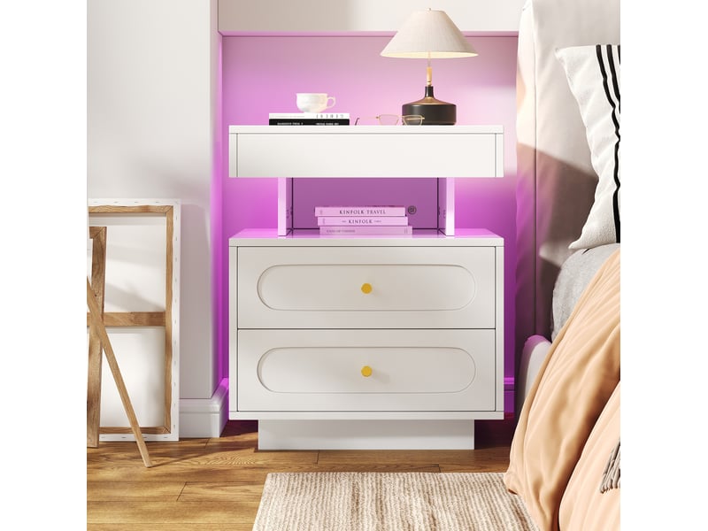  Table de chevet 50x40x60 cm avec éclairage led, 2 tiroirs, espace de rangement ouvert, panneau de particules, blanc  - Conforama C