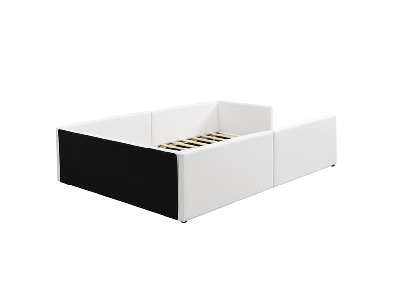 Elvmi lit pour enfant rembourré blanc 140x200 cm en pu avec 3 poches de rangement, design enveloppant, montage en kit - Conforama A