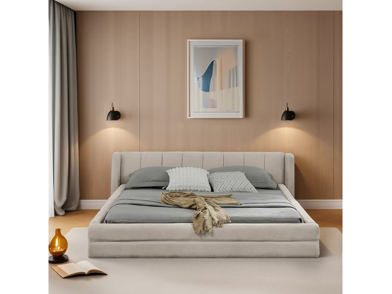  Lit double 160x200, cadre renforcé, tête de lit ergonomique capitonnée, mousse et tissu chenille, beige, sans matelas  - Conforama W