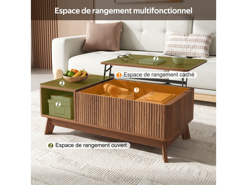  Table basse relevable, design ondulé, compartiment latéral ouvert, matériau mdf, style moderne  - Conforama E
