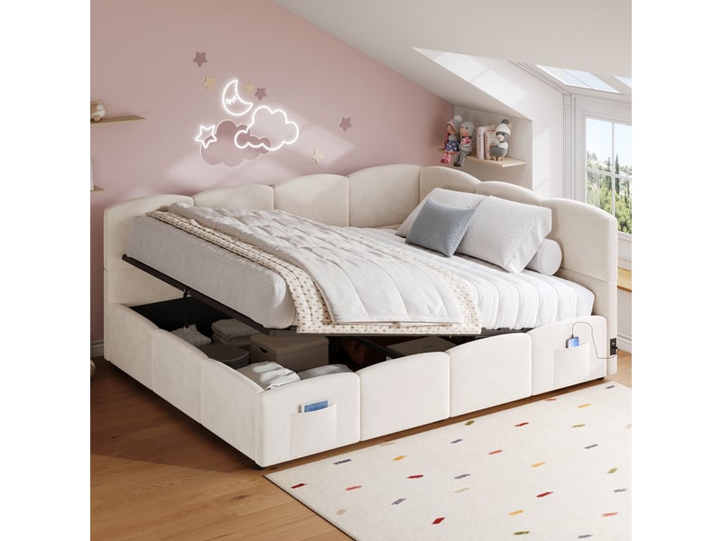  Lit coffre rembourré 140x200 cm - avec port usb et poche de rangement - tissu velours - sommier à lattes - beige (sans matelas)  - Conforama C