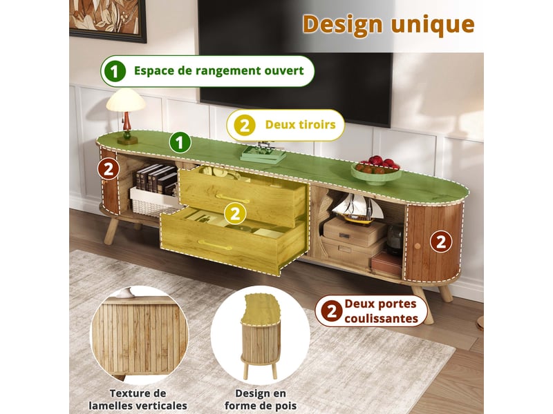  Meuble tv 160 cm style scandinave forme haricot avec 2 portes coulissantes et 2 tiroirs, pieds en bois massif, aspect bois naturel  - Conforama D