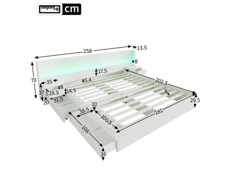  Lit adulte 180x200cm,lit avec rangement en mdf avec lumière led,prise usb,2 tables de chevet et 2 tiroirs,blanc lit adulte blanc - Conforama C
