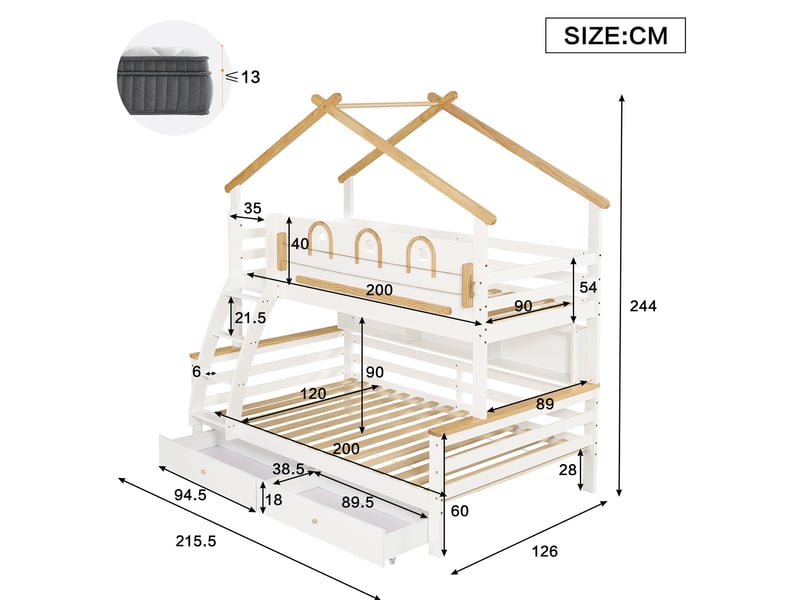  Modenvie lit superposé enfant 90x200 cm et 120x200 cm - avec rangement, escalier latéral - sans matelas - bicolore  - Conforama C
