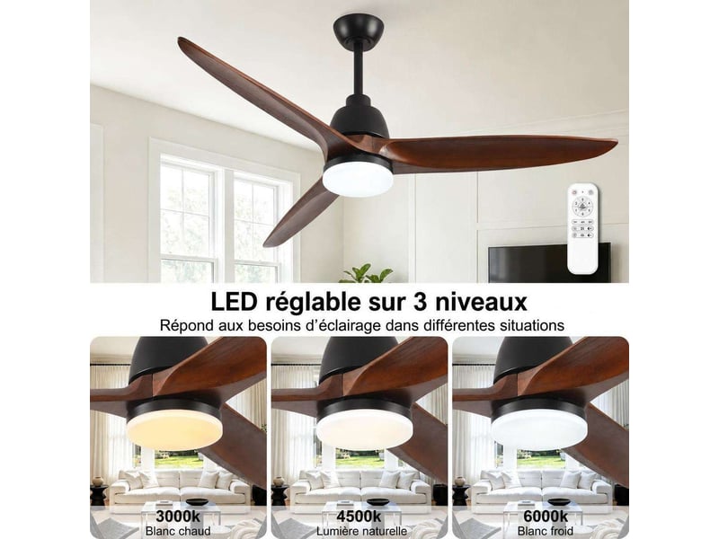 Ventilateur de plafond 56 pouces de hyundai, avec éclairage et télécommande, trois pales en bois massif, 3cct, ventilateur réversible à six vitesses, fonction mémoire, idéal pour la décoration intérieure - Conforama D