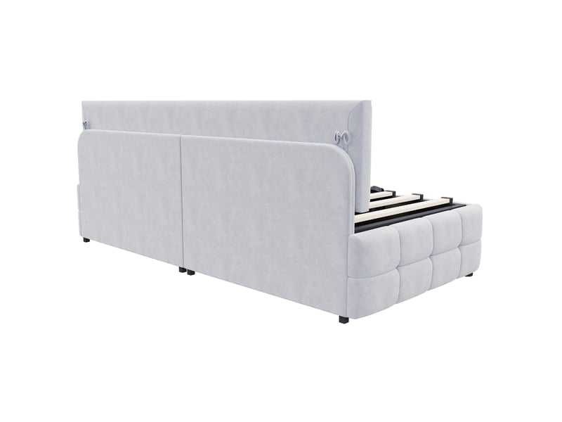  Lit enfant 90 x 200 cm rangement style moderne sans accoudoirs carreaux sommier lattes velours gris clair sans matelas  - Conforama R