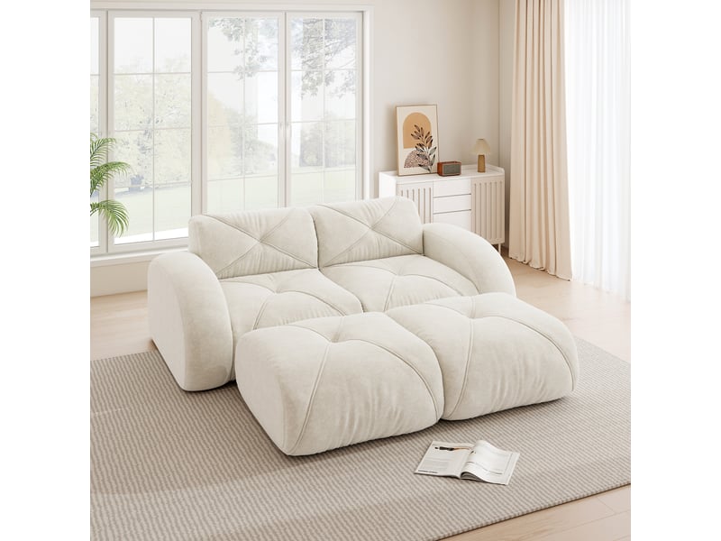 Canapé modulaire 2 places sans cadre avec assise en mousse 32d et 2 poufs, en chenille, beige clair - Conforama B