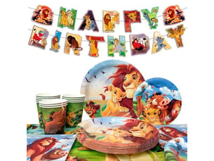 Vaisselle anniversaire roi lion set 66 pieces pour 16 invités
