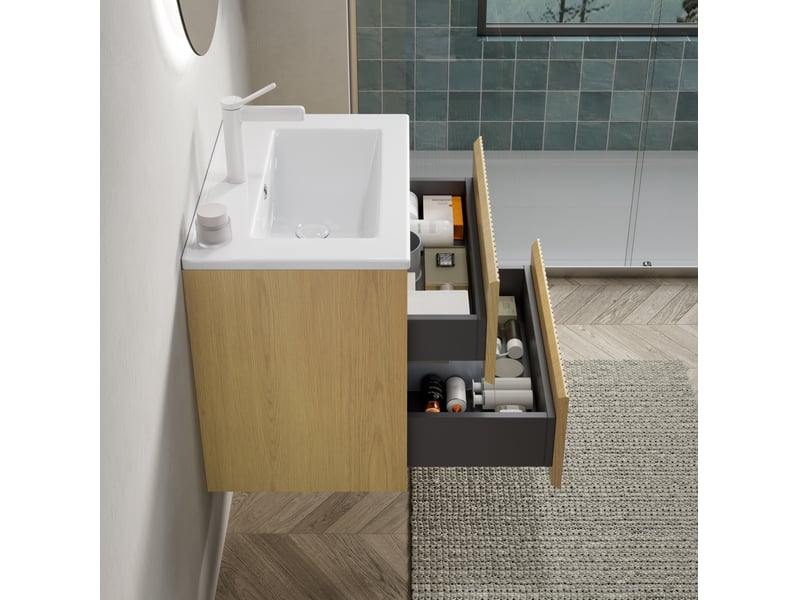 Meuble sous vasque suspendu avec lavabo en céramique, 2 tiroirs à fermeture douce pour salle de bain 61 × 39 cm - Conforama D