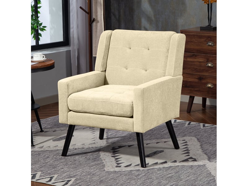  Fauteuil rembourré beige avec capitonnage et pieds en bois  - Conforama B