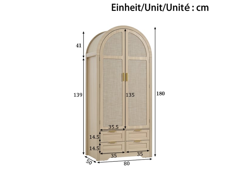 Armoire 2 portes 80x50x180 cm, portes courbes en rotin, penderie, tiroirs et rangements, mdf, couleur chêne - Conforama C