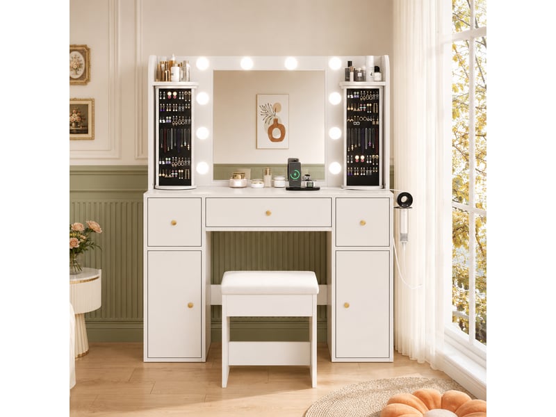  Coiffeuse blanche avec miroir et éclairage led variable, organisateur à bijoux rotatif, station de charge usb-c et support sèche-cheveux, 3 tiroirs et 2 armoires  - Conforama D
