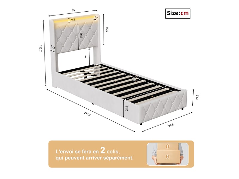 Lit coffre simple 90x200 cm avec tête de lit matelassée et sommier, led et ports usb-c, velours, beige, sans matelas - Conforama C