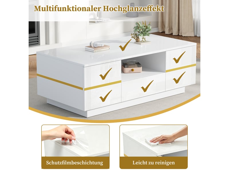  Table basse avec 2 portes, 1 tiroir et 1 niche ouverte, finition brillante, en mdf blanc et doré, 100 × 50 × 35,5 cm  - Conforama E