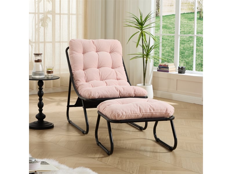  Fauteuil de jardin avec repose-pied - 65x78x86cm - chaise lounge relax avec coussin moelleux - acier &amp; velours - rose  - Conforama C